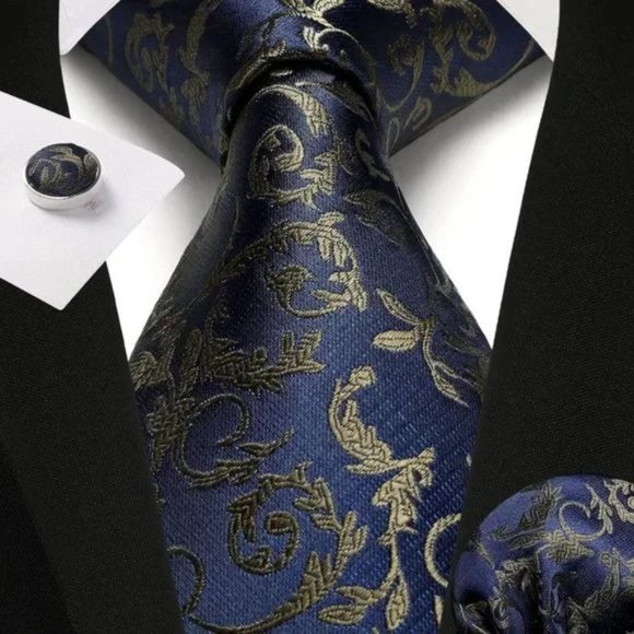 New 𝅺TIE and Pocket Square Cufflinks Set Navy Gold - Picture 2 of 6